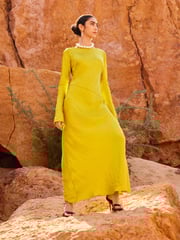 Ochre Yellow Maxi Long Sleeve Metallic Column Dress - Image 4 of 8