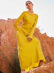 Ochre Yellow Maxi Long Sleeve Metallic Column Dress - Image 6 of 8