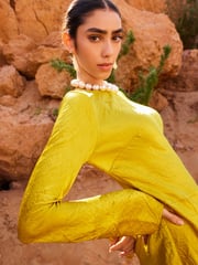 Ochre Yellow Maxi Long Sleeve Metallic Column Dress - Image 7 of 8