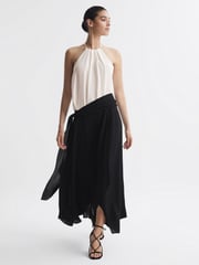 Reiss Cream/Black Natalia Asymmetric Belted Wrap Midi Dress - Image 1 of 5