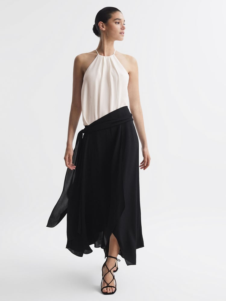 Reiss Cream/Black Natalia Asymmetric Belted Wrap Midi Dress - Image 1 of 5