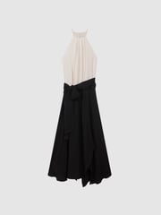 Reiss Cream/Black Natalia Asymmetric Belted Wrap Midi Dress - Image 2 of 5