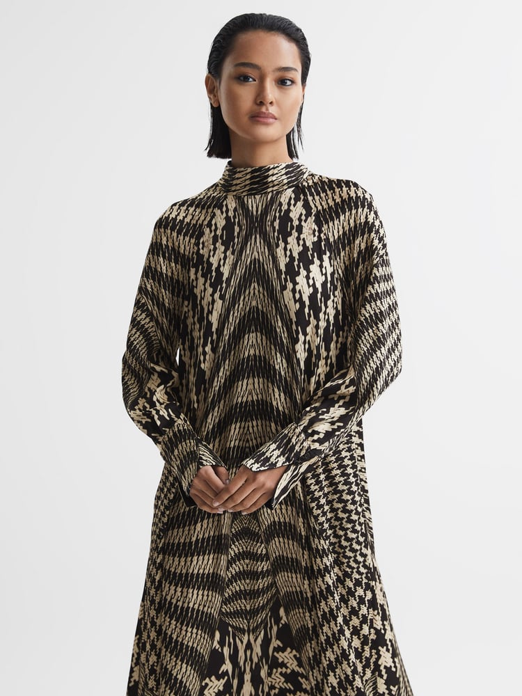 Reiss Black/White Kate Dogtooth Midi Dress - Image 1 of 7
