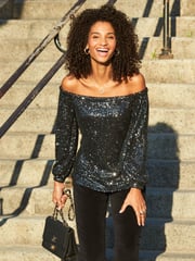 Sosandar Grey Petite Sequin Bardot Long Sleeve Top - Image 1 of 5