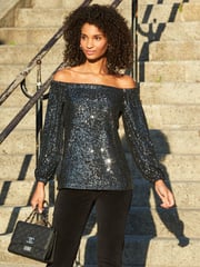 Sosandar Grey Petite Sequin Bardot Long Sleeve Top - Image 3 of 5