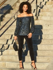 Sosandar Grey Petite Sequin Bardot Long Sleeve Top - Image 4 of 5
