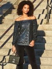 Sosandar Grey Petite Sequin Bardot Long Sleeve Top - Image 5 of 5