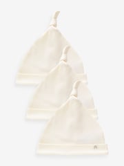Cream 100% Cotton Tie Top Baby Hats 3 Pack (0-12mths) - Image 1 of 3