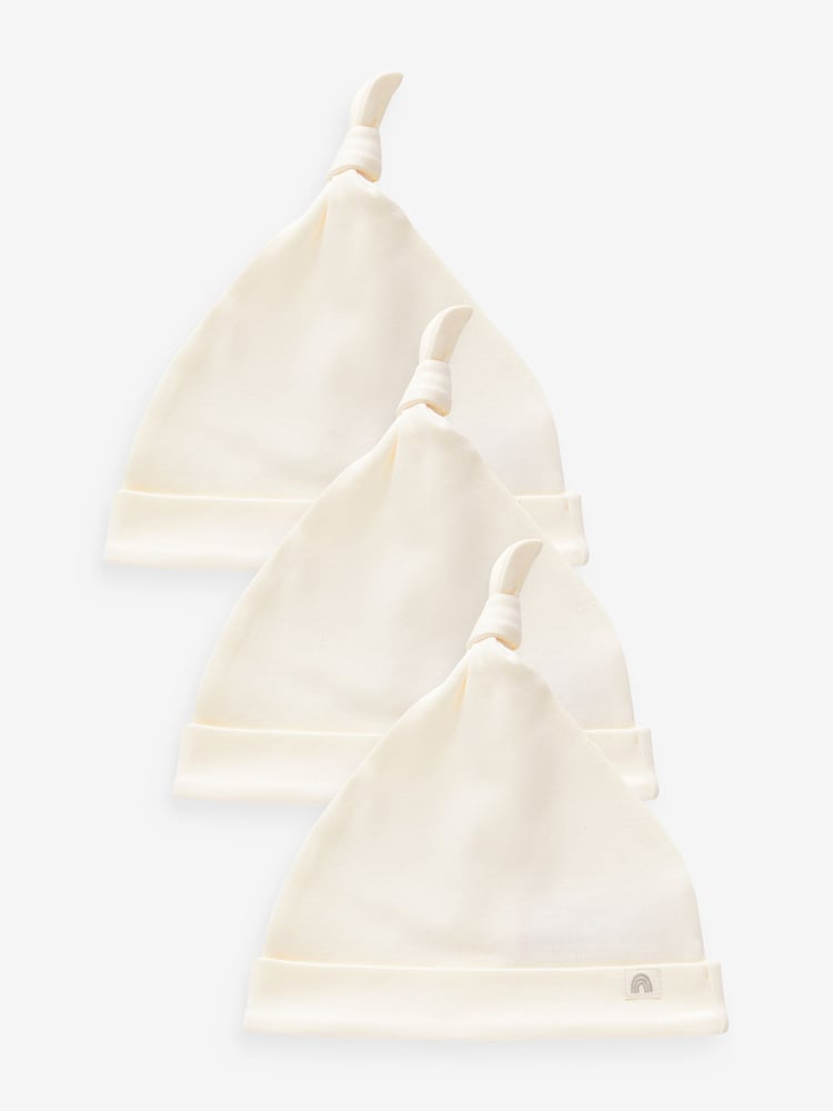 Cream 100% Cotton Tie Top Baby Hats 3 Pack (0-12mths) - Image 1 of 3