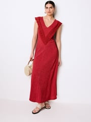 Red Crochet V-Neck Midi Dress - Image 1 of 6