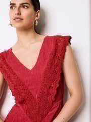 Red Crochet V-Neck Midi Dress - Image 3 of 6