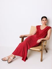 Red Crochet V-Neck Midi Dress - Image 4 of 6