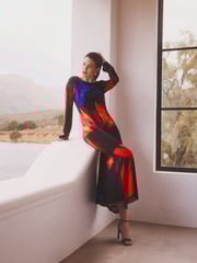 Black With Bright Abstract Floral Long Sleeve Column Maxi Dress - Image 1 of 1