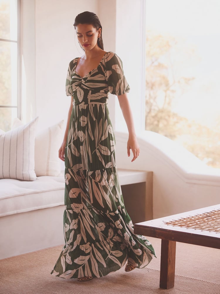 Green and White Leaf Print Short Sleeve Ocassion Maxi Dress - Image 1 of 6