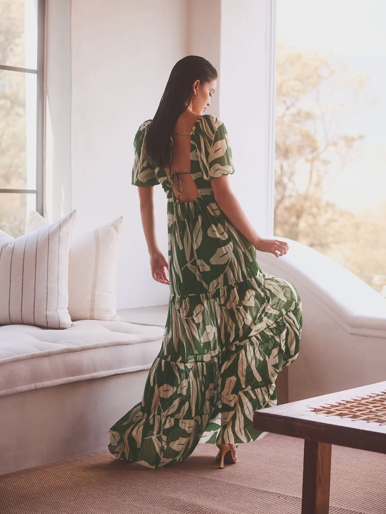 Green and White Leaf Print Short Sleeve Ocassion Maxi Dress - Image 2 of 6