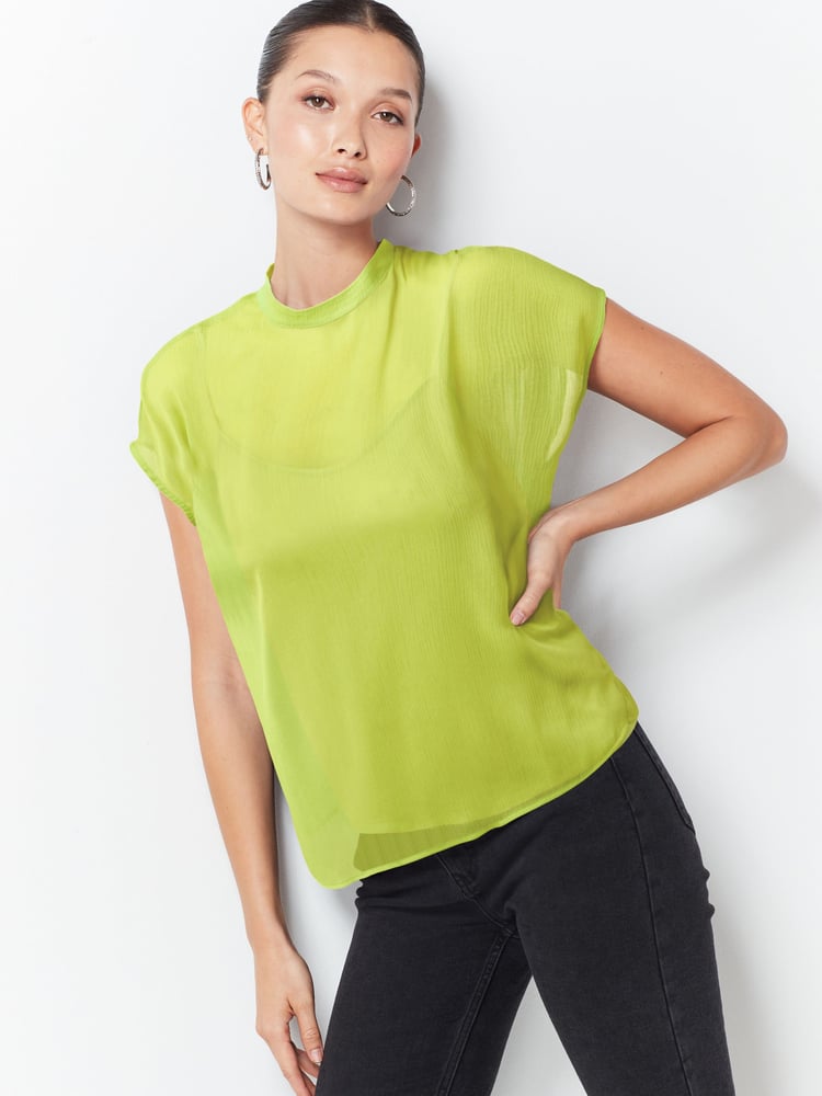 Lime Green Sheer Layer Cap Sleeve Top - Image 2 of 9