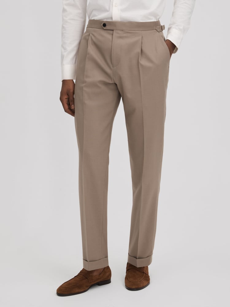 Reiss Taupe Valentine Slim Fit Wool Blend Trousers with Turn-Ups - Image 1 of 6