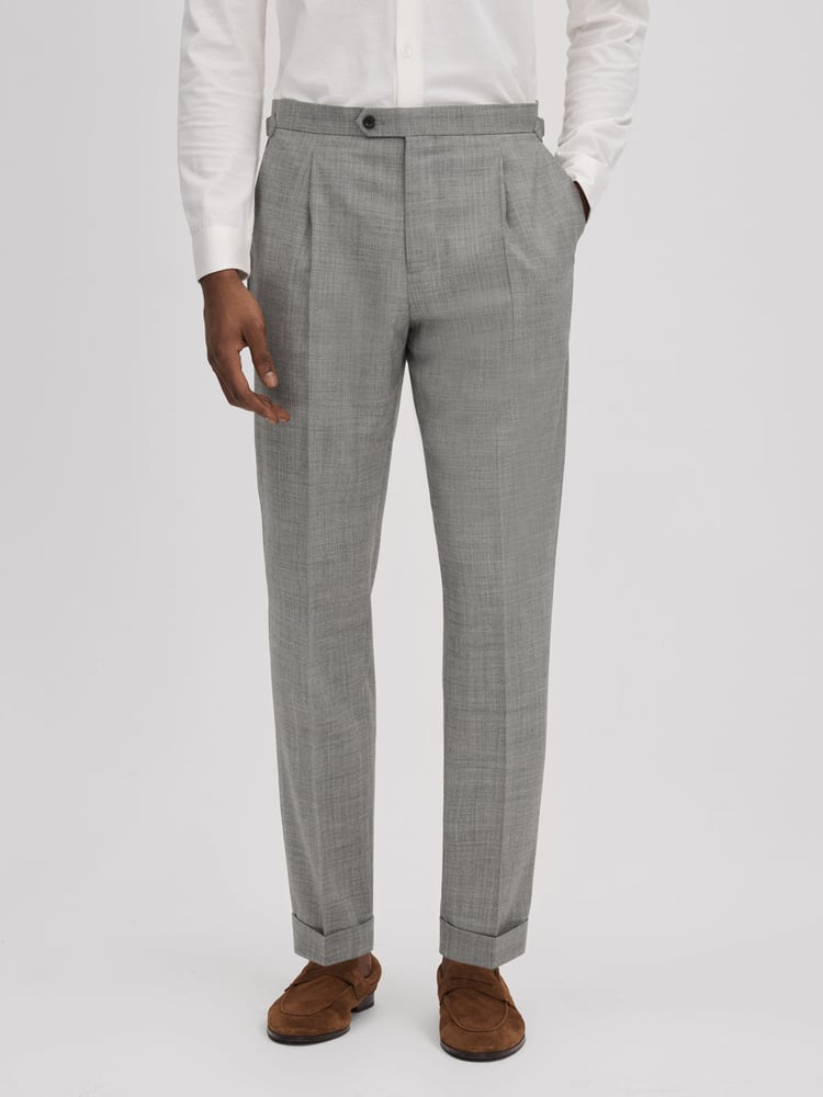 Reiss Soft Grey Valentine Slim Fit Wool Blend Trousers with Turn-Ups - Image 1 of 5