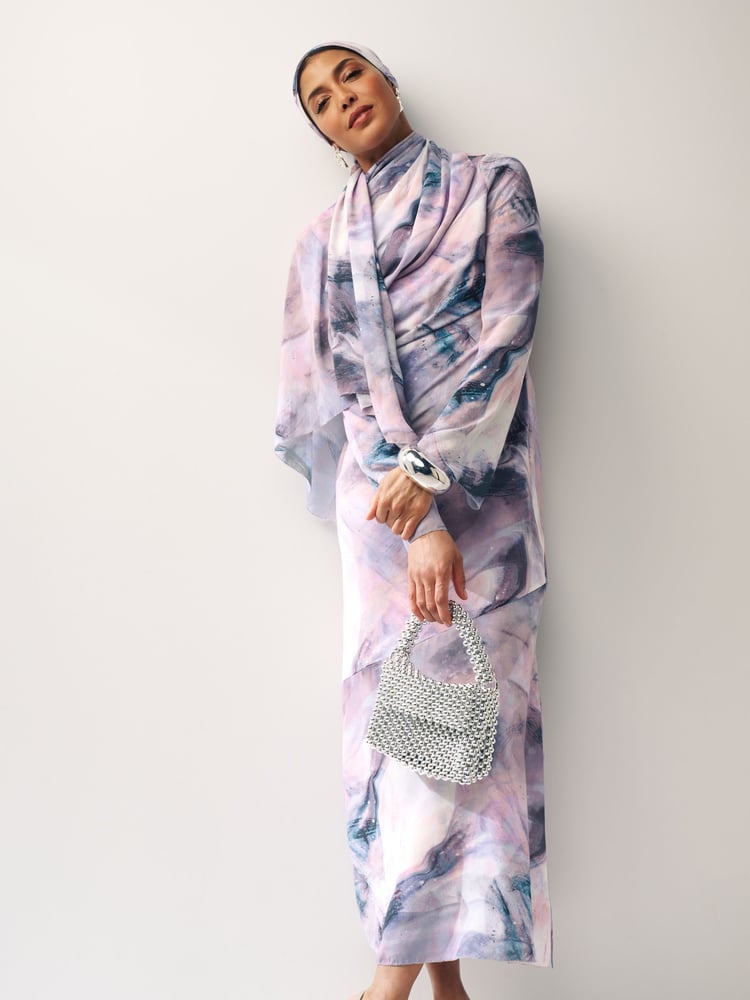 Purple Smudge Print Long Sleeve Column Maxi Dress - Image 1 of 6