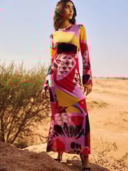 Pink Multi Abstract Print Long Sleeve Column Maxi Dress - Image 1 of 1