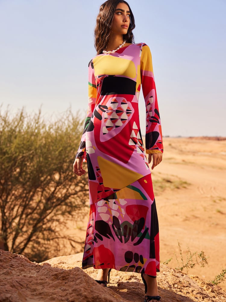 Pink Multi Abstract Print Long Sleeve Column Maxi Dress - Image 1 of 1