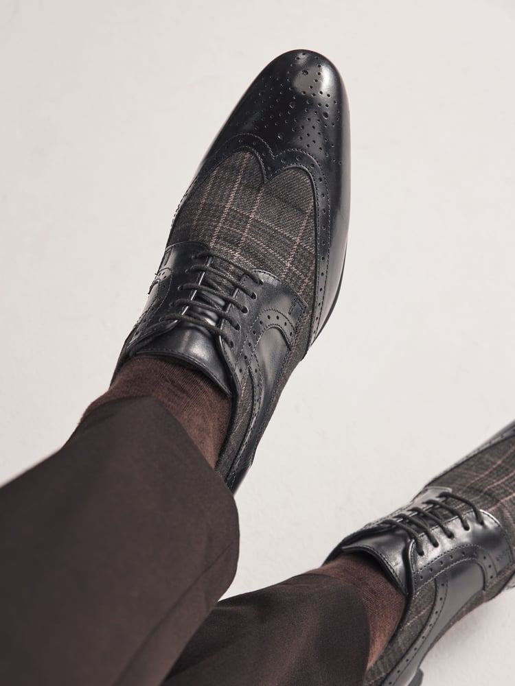 Black Leather & Check Brogue Shoes - Image 1 of 7 Black Leather & Check Brogue Shoes - Image 1 of 7