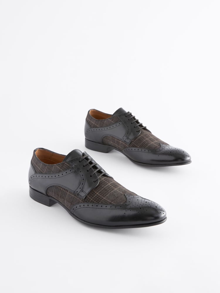 Black Leather & Check Brogue Shoes - Image 2 of 7