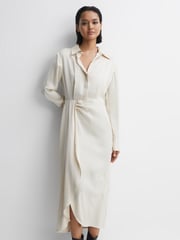 Reiss Cream Arabella Satin Shirt-Style Midi Dress - Image 1 of 5