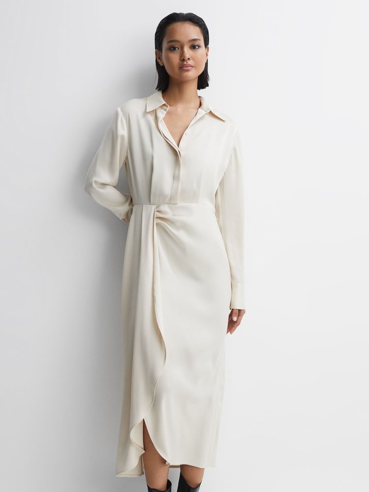Reiss Cream Arabella Satin Shirt-Style Midi Dress - Image 1 of 5