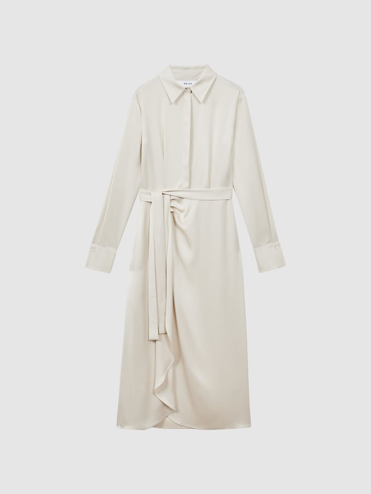 Reiss Cream Arabella Satin Shirt-Style Midi Dress - Image 2 of 5