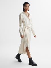 Reiss Cream Arabella Satin Shirt-Style Midi Dress - Image 3 of 5