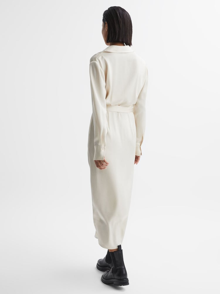 Reiss Cream Arabella Satin Shirt-Style Midi Dress - Image 5 of 5
