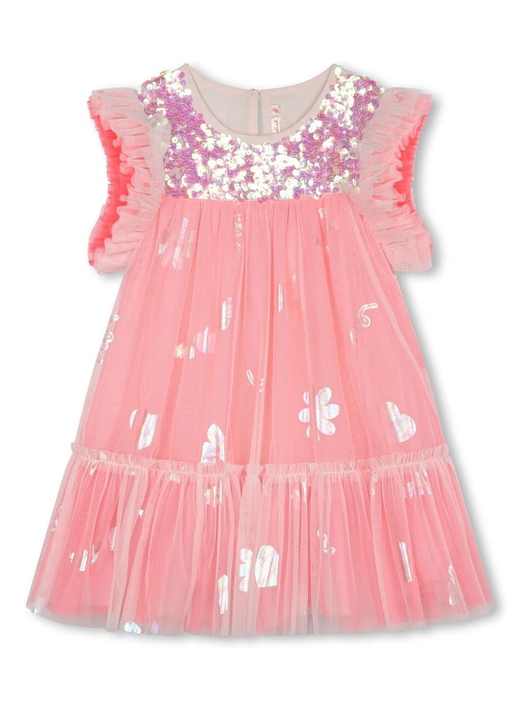 Billieblush Pink Glitter Mesh Frill Sleeve Party Dress - Image 1 of 3 Billieblush Pink Glitter Mesh Frill Sleeve Party Dress - Image 1 of 3