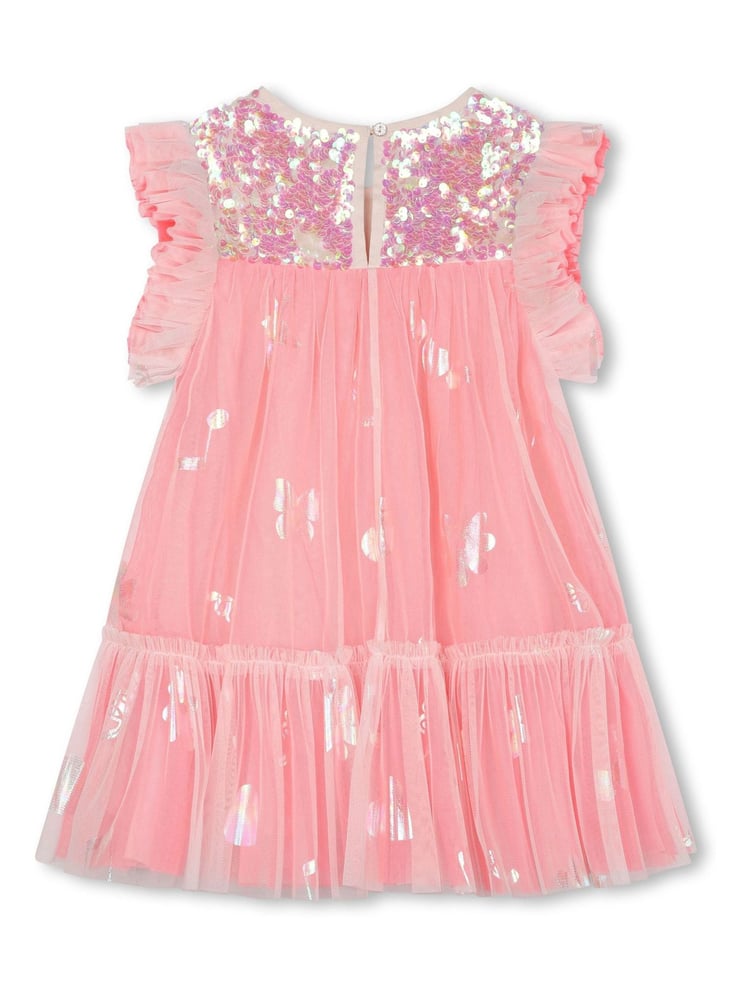 Billieblush Pink Glitter Mesh Frill Sleeve Party Dress - Image 2 of 3 Billieblush Pink Glitter Mesh Frill Sleeve Party Dress - Image 2 of 3
