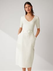 Ecru White Woven Mix Short  Sleeve Midi Dress - Image 1 of 5