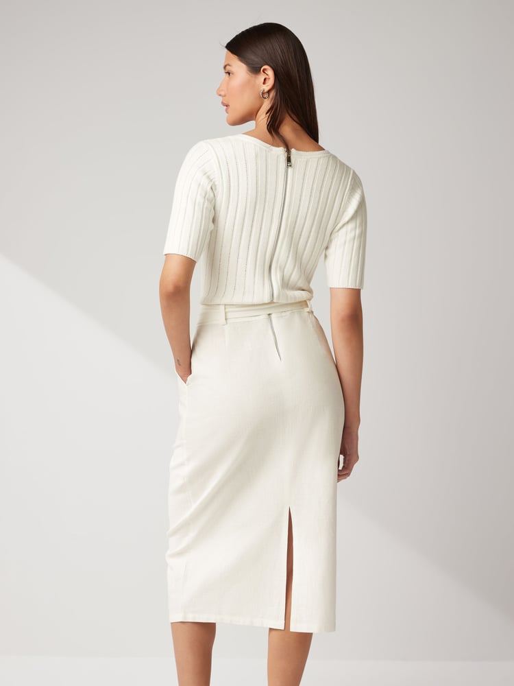 Ecru White Woven Mix Short  Sleeve Midi Dress - Image 2 of 5