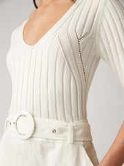 Ecru White Woven Mix Short  Sleeve Midi Dress - Image 3 of 5