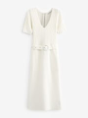 Ecru White Woven Mix Short  Sleeve Midi Dress - Image 4 of 5