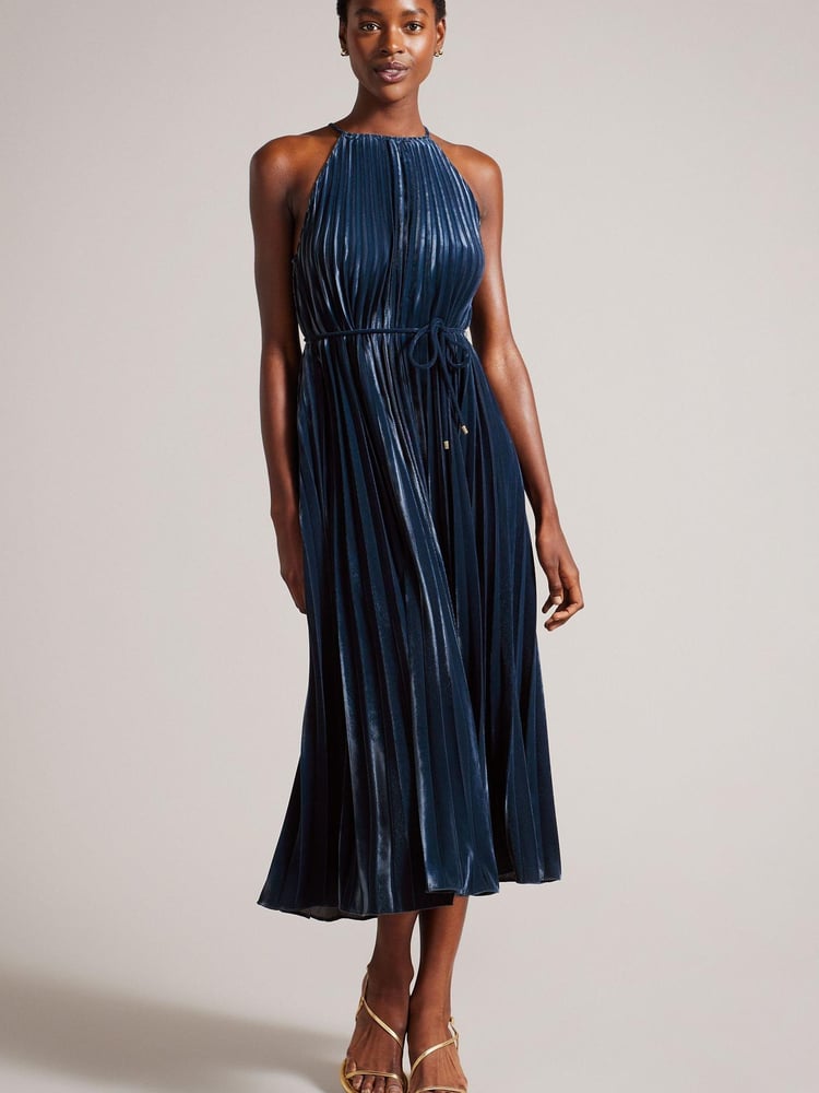 Ted Baker Blue Kassiah Pleated Halterneck Midi Dress - Image 1 of 5