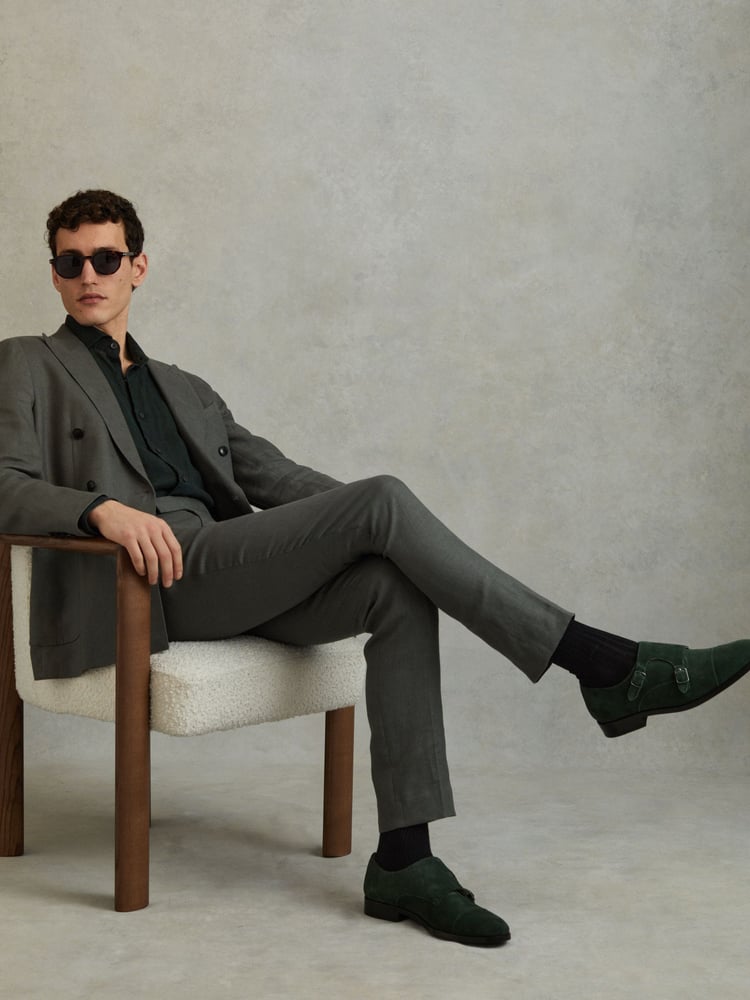 Reiss Forest Green Amalfi Suede Double Monk Strap Shoes - Image 2 of 5
