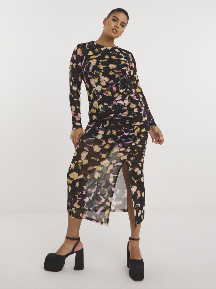 Simply Be Black Mesh Ruched Midi Dress - Image 2 of 5