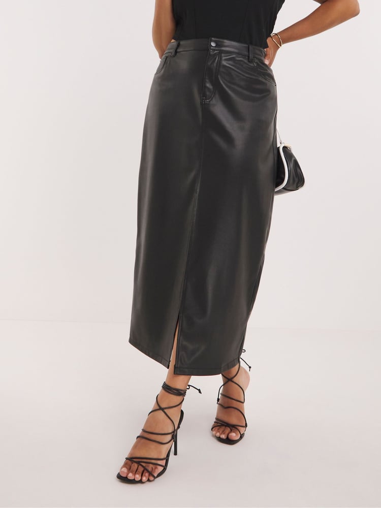 Simply Be Black PU Stretch Maxi Skirt with Front Split - Image 1 of 5