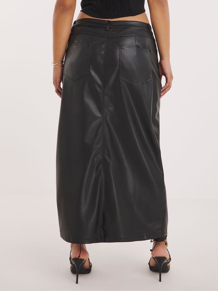 Simply Be Black PU Stretch Maxi Skirt with Front Split - Image 2 of 5