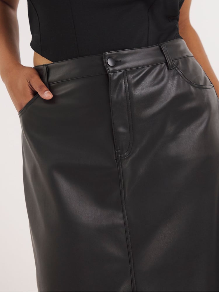 Simply Be Black PU Stretch Maxi Skirt with Front Split - Image 5 of 5