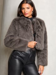 Lipsy Grey Short Faux Fur Coat - Image 1 of 4