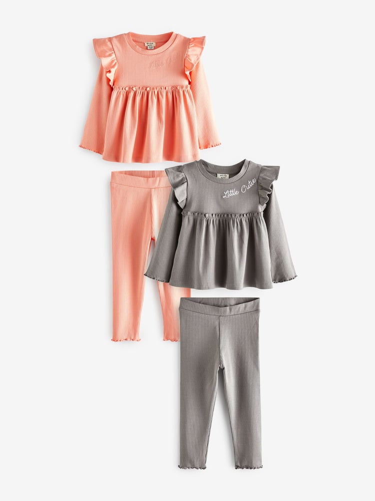 River Island Pink/Grey Mini Girls 100% Cotton Rib Peplum Set 2 Pack - Image 1 of 5