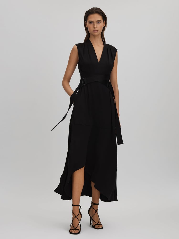 Reiss Black Raya Strappy Asymmetric Midi Dress - Image 1 of 6
