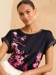 Love & Roses Pink Floral Satin Front Jersey Back T-Shirt - Image 1 of 1