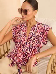 Love & Roses Pink Abstract Animal Tie Front Jersey Top - Image 1 of 4