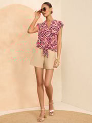Love & Roses Pink Abstract Animal Tie Front Jersey Top - Image 4 of 4